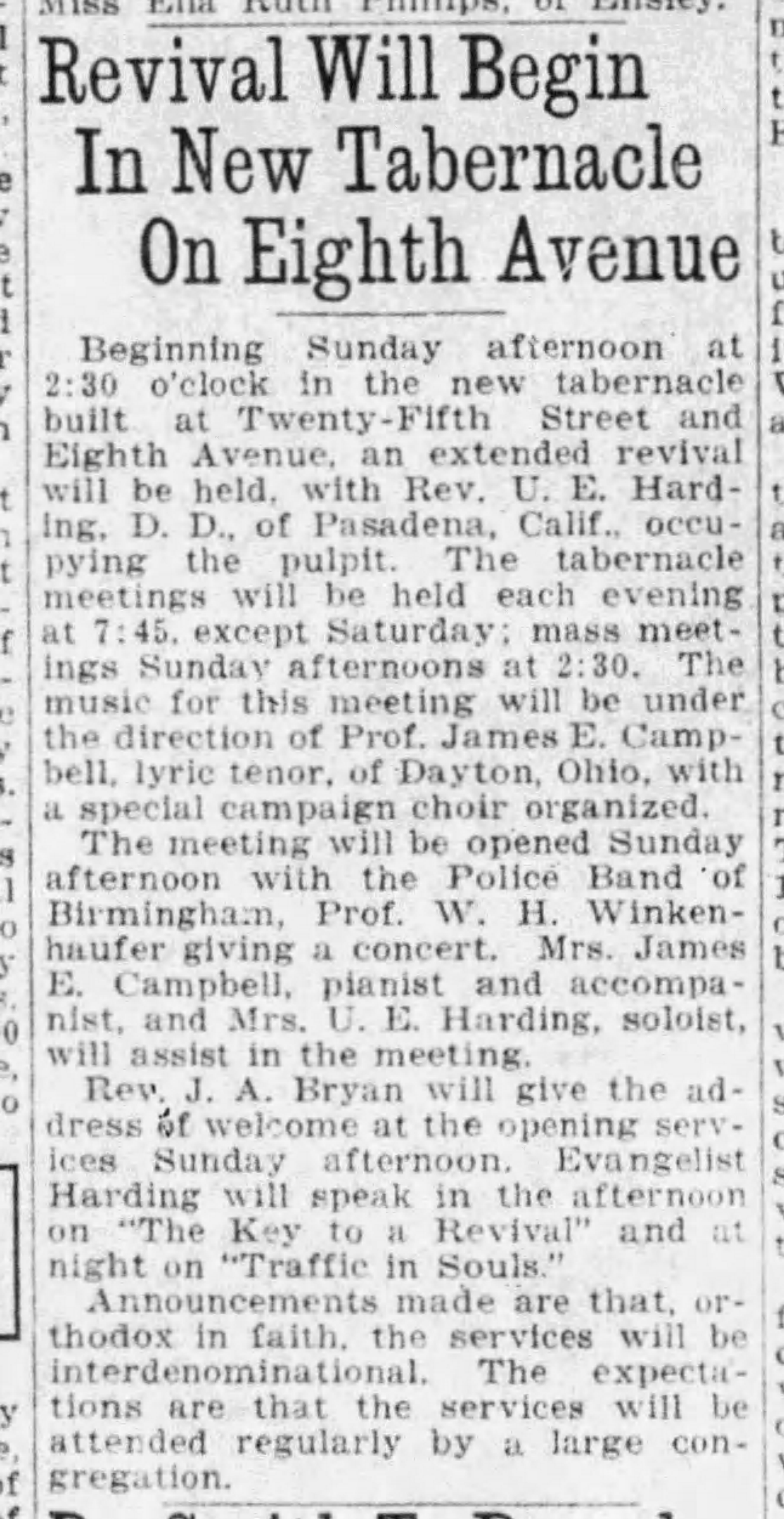 Revival Will Begin in New Tabernacle On Eighth Avenue